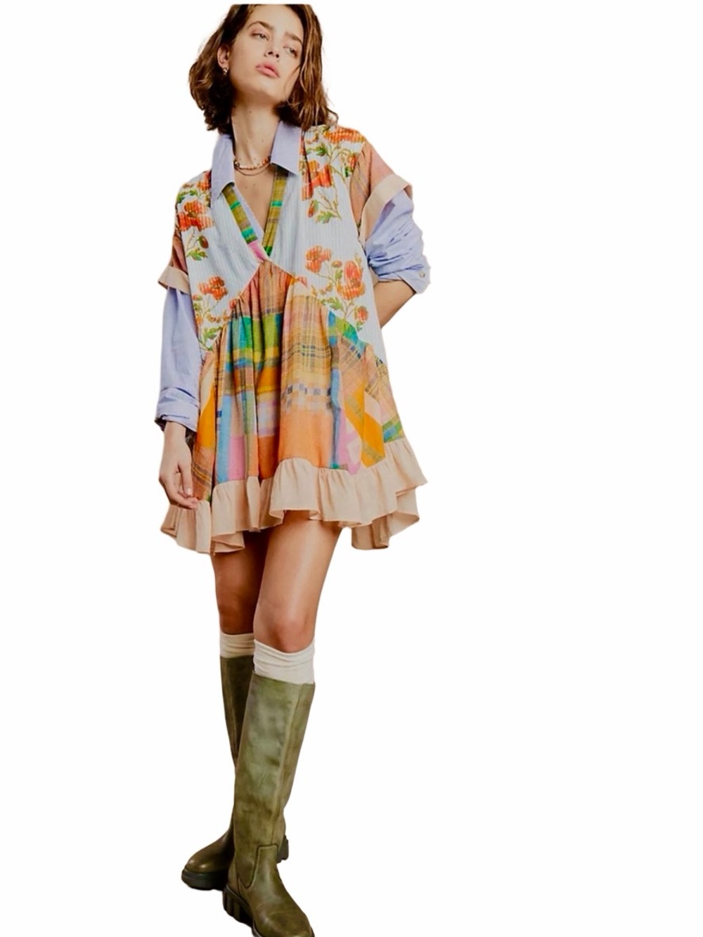 Free People Printed Agnes Dress Size Medium Spring Combo Loose Fit Patchwork